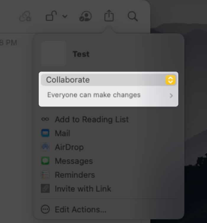 Select collaborate on notes app on mac