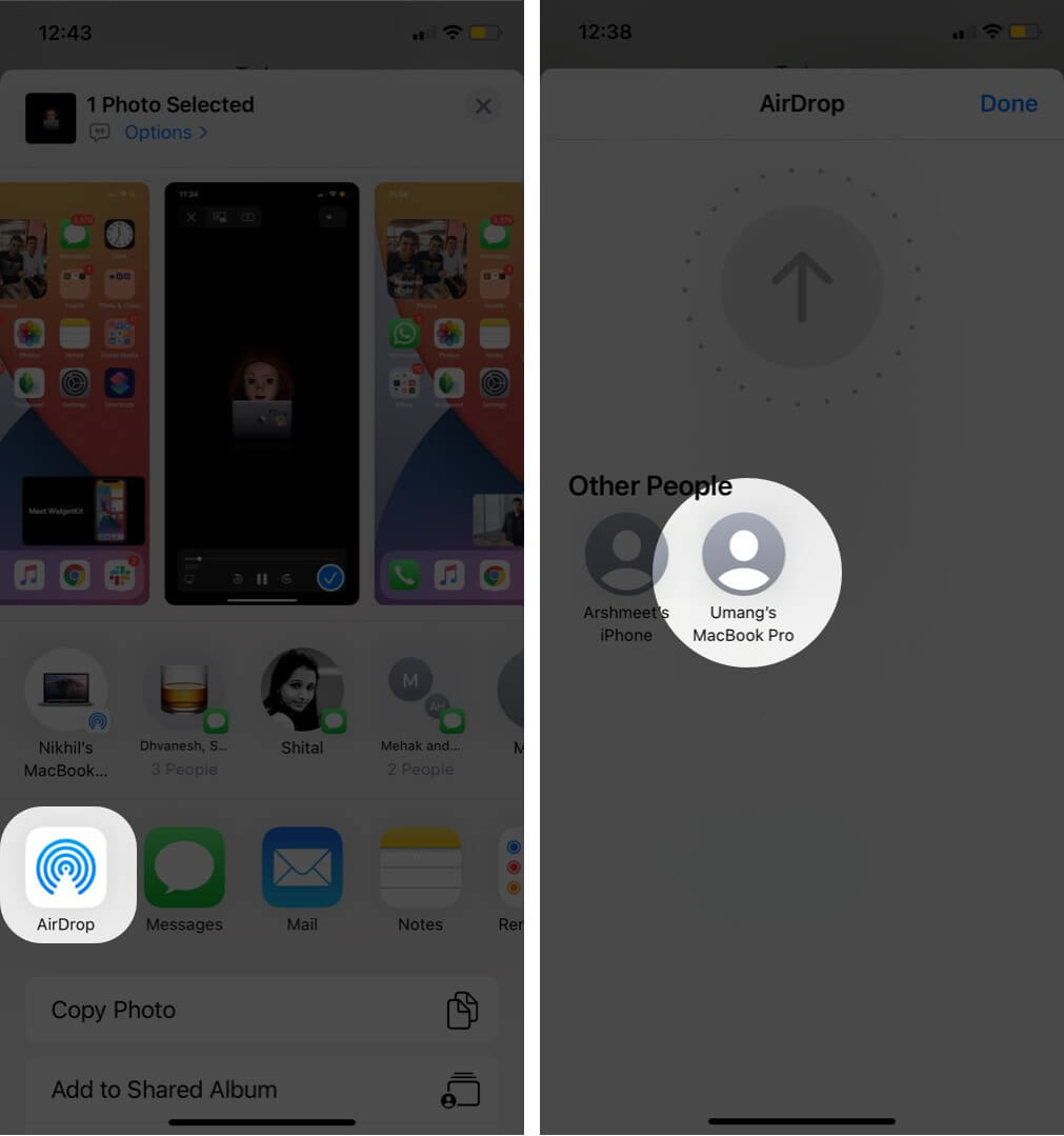 Tap on airdrop and choose device to send photo tap on airdrop and choose device to send photo