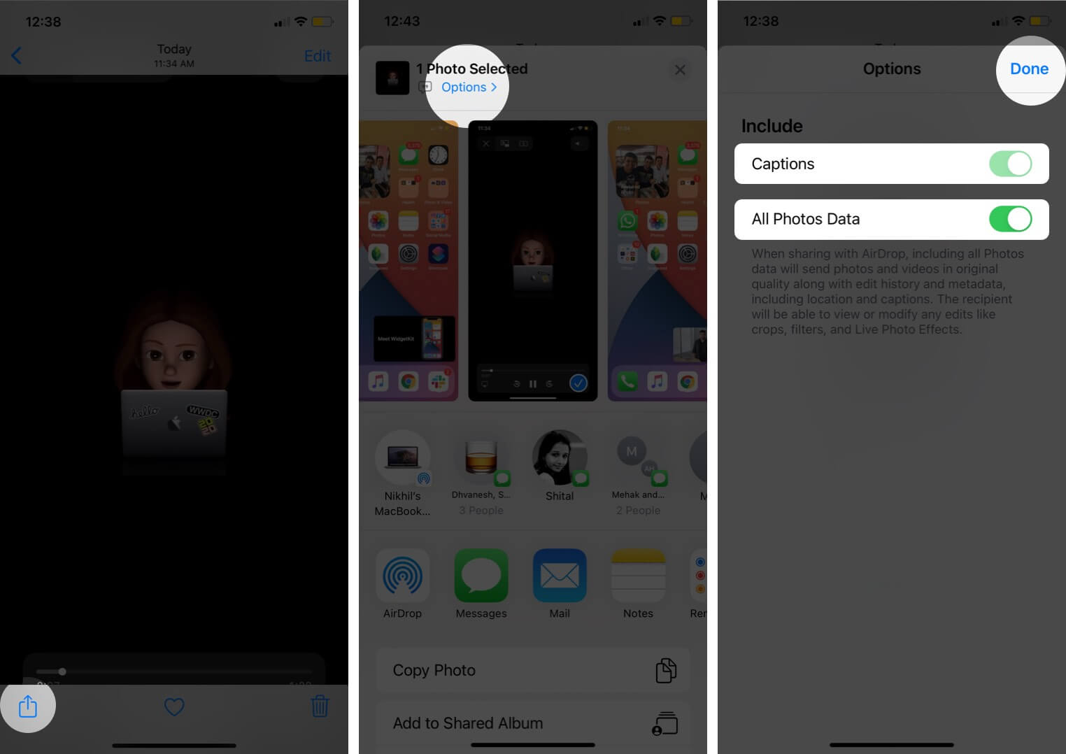 Tap on share and tap on options to check captions and photos data is enabled tap on share and tap on options to check captions and photos data is enabled