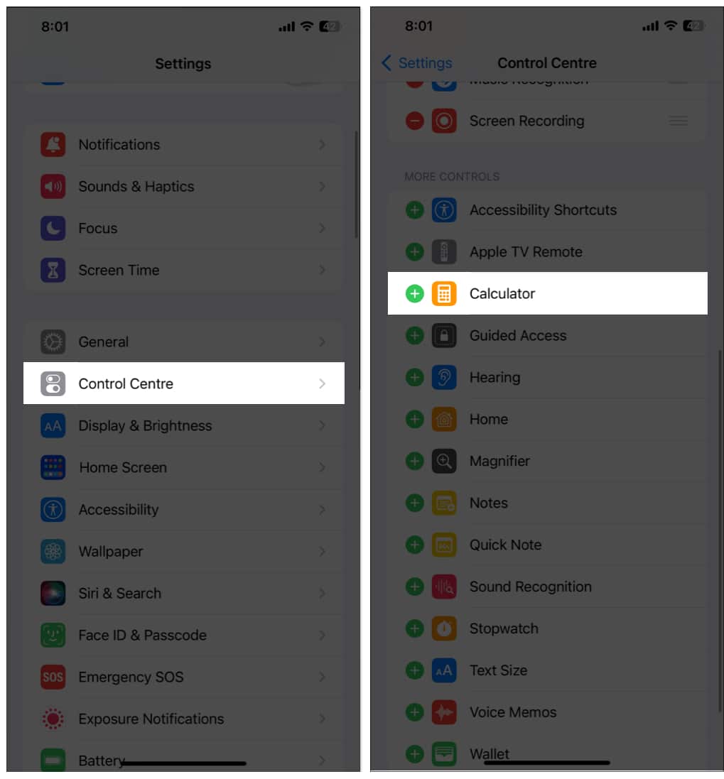 Lägg till kalkylator till kontrollcenter på iPhone