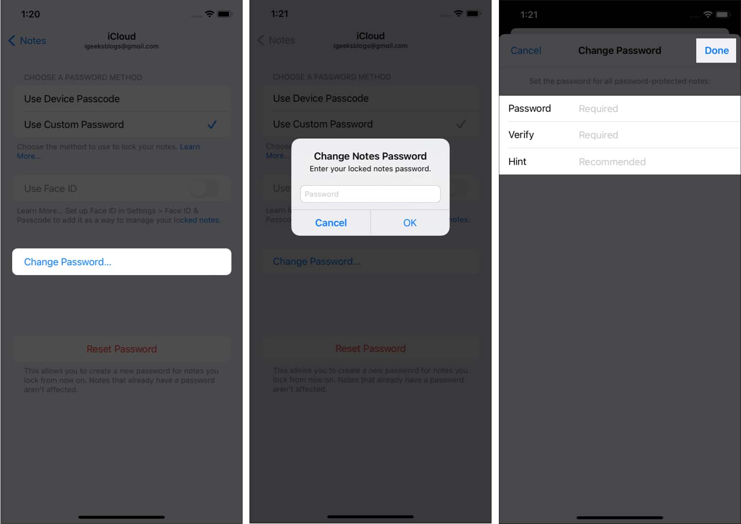 Change Notes password in settings app on iPhone