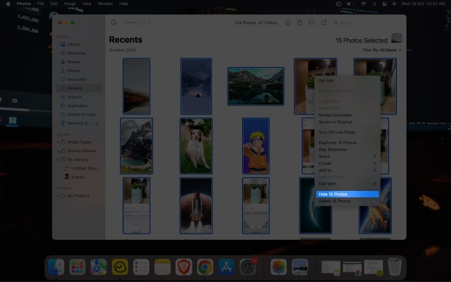 Pilih sembunyikan foto selepas klik kanan dalam apl Foto pada Mac