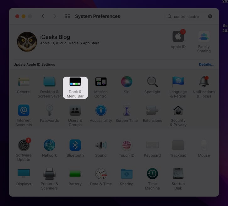 Click Dock Menu Bar in System Preferences on Mac