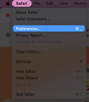 Klik Safari dan kemudian prefrences pada macOS Montery