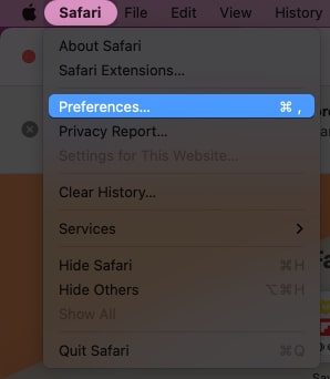 Κάντε κλικ στο Safari και στη συνέχεια Prefrences στο MacOS Montery