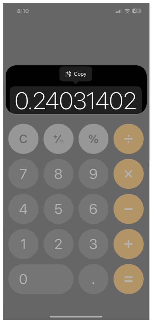 Easy copy pasting in calculator on iPhone