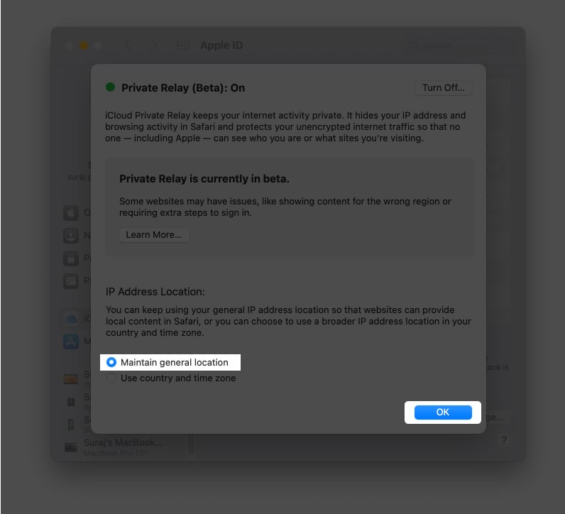 Ocultar la dirección IP en Mac utilizando el relé privado iCloud en MacOS Monterey