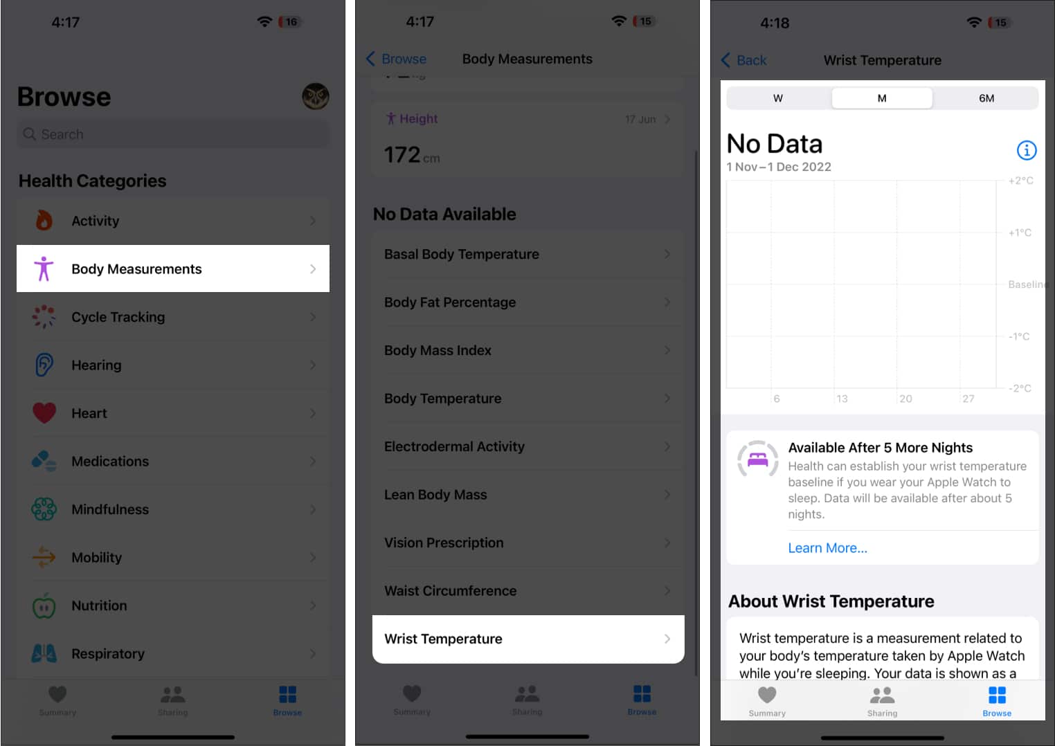 How to check wrist temperature data using iPhone 