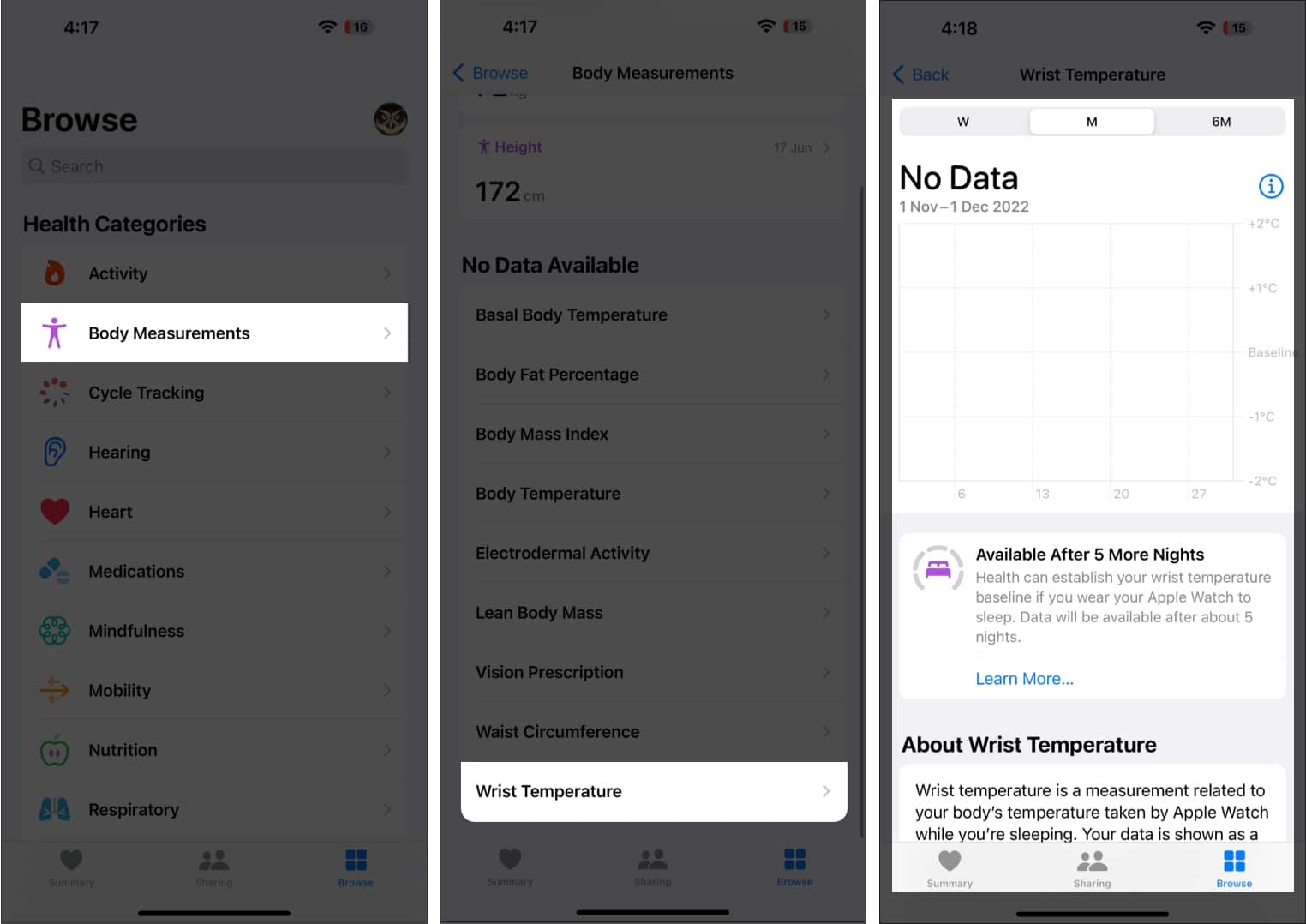 How to check wrist temperature data using iPhone 
