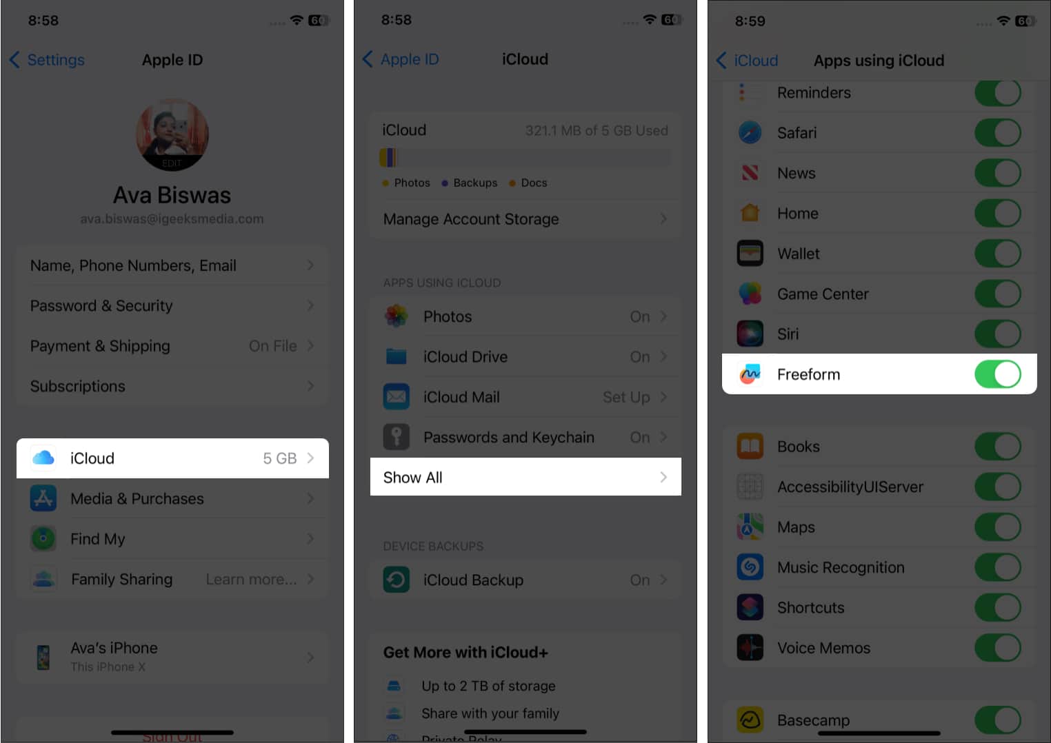 How to enable Freeform in the iCloud Settings