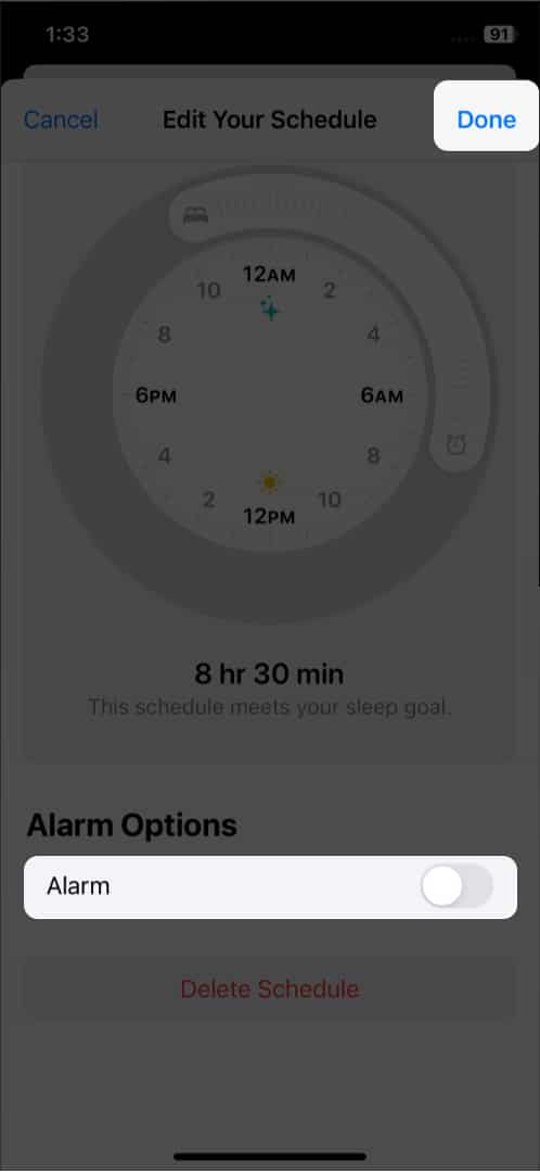 Permanently disable the alarm for sleep schedule