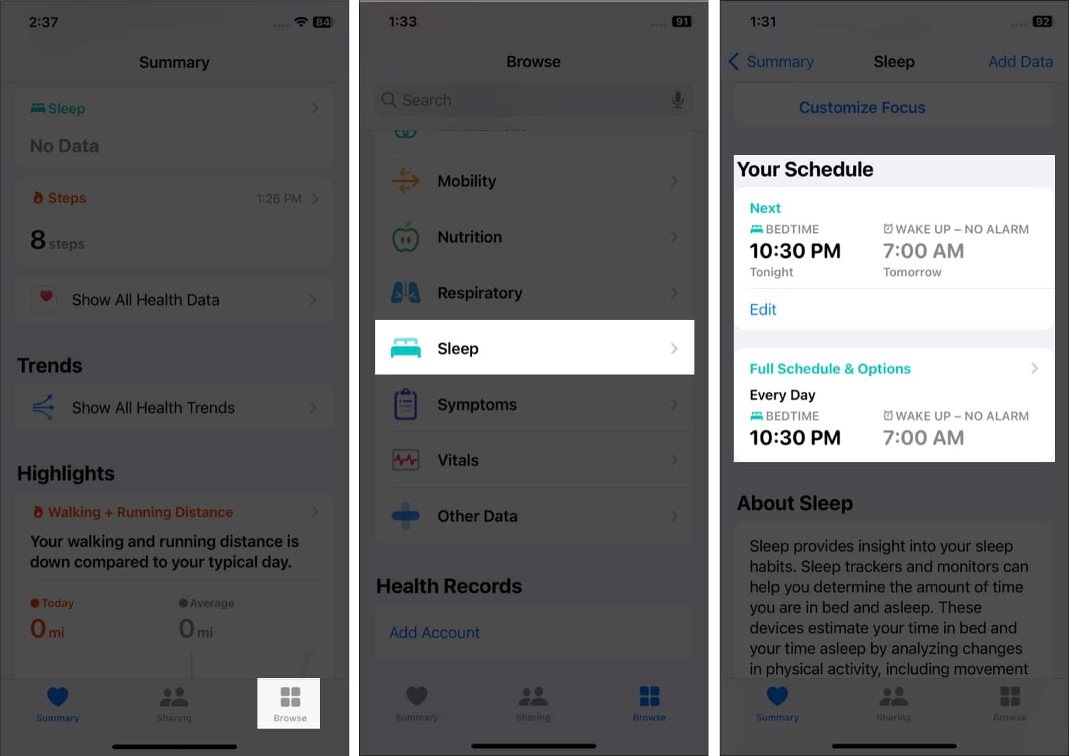 Scroll down to Your Schedule in Health app on iPhone