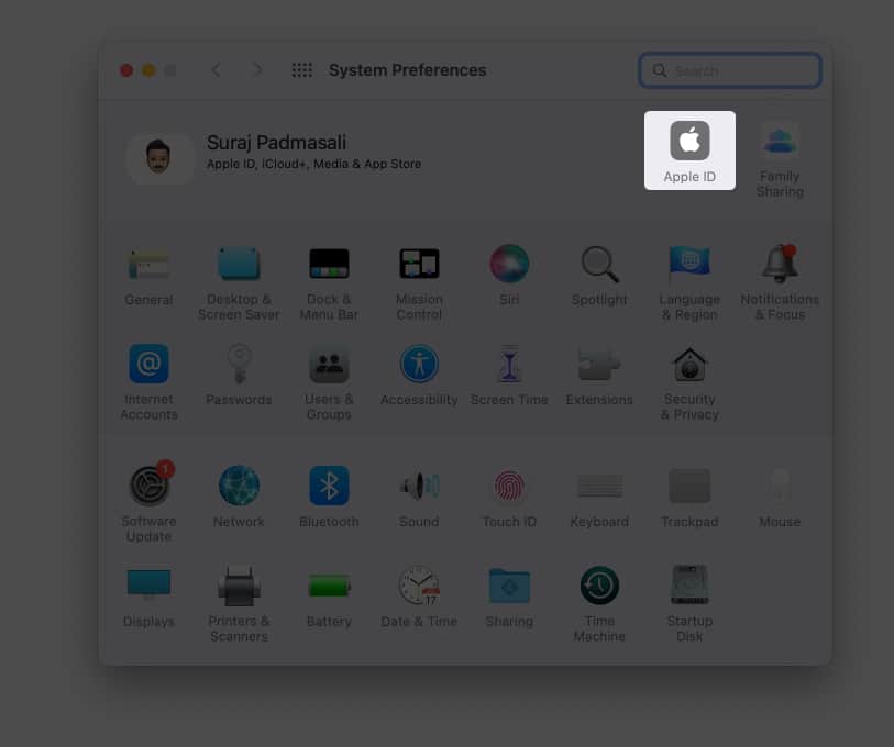 मैक पर सिस्टम वरीयताओं में Apple ID का चयन करें