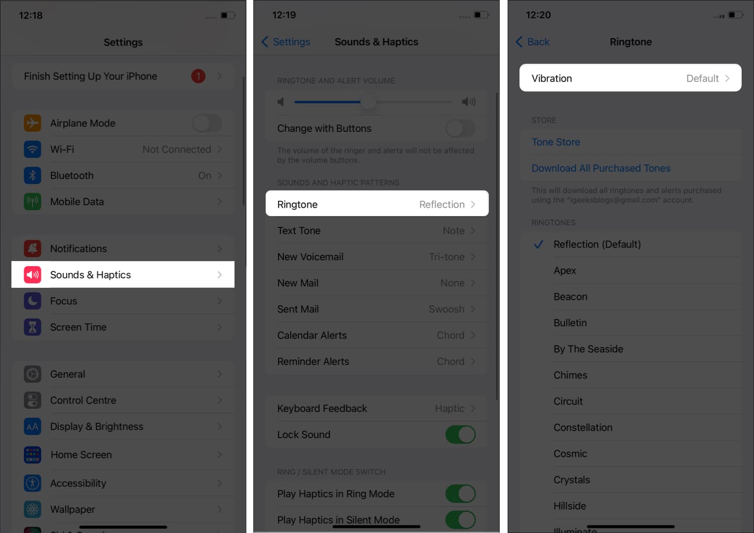 Select Ringtone and then Vibration in Settings on iPhone