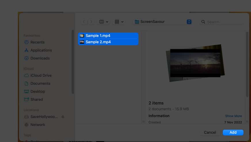 Pilih video dan klik Tambah pada Mac