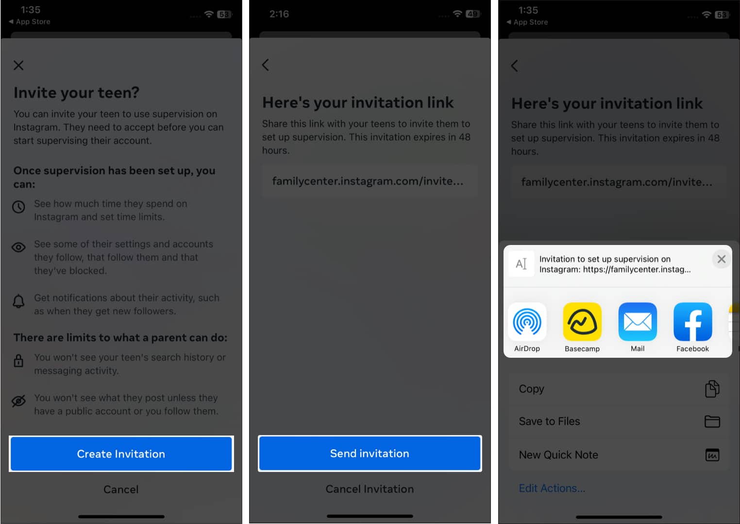 Send an invitation for Instagram parental controls