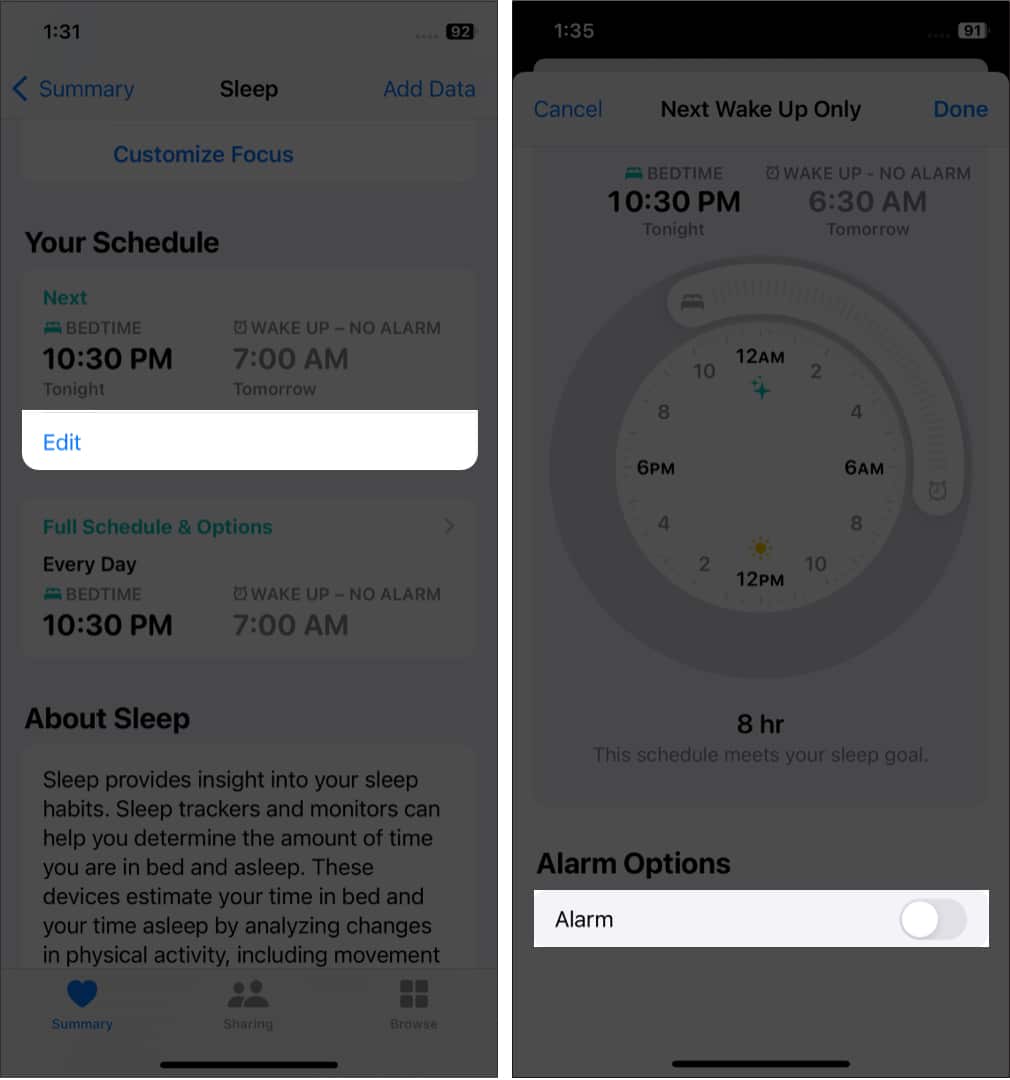 Langkah untuk mematikan hanya penggera waktu tidur anda yang seterusnya pada iPhone