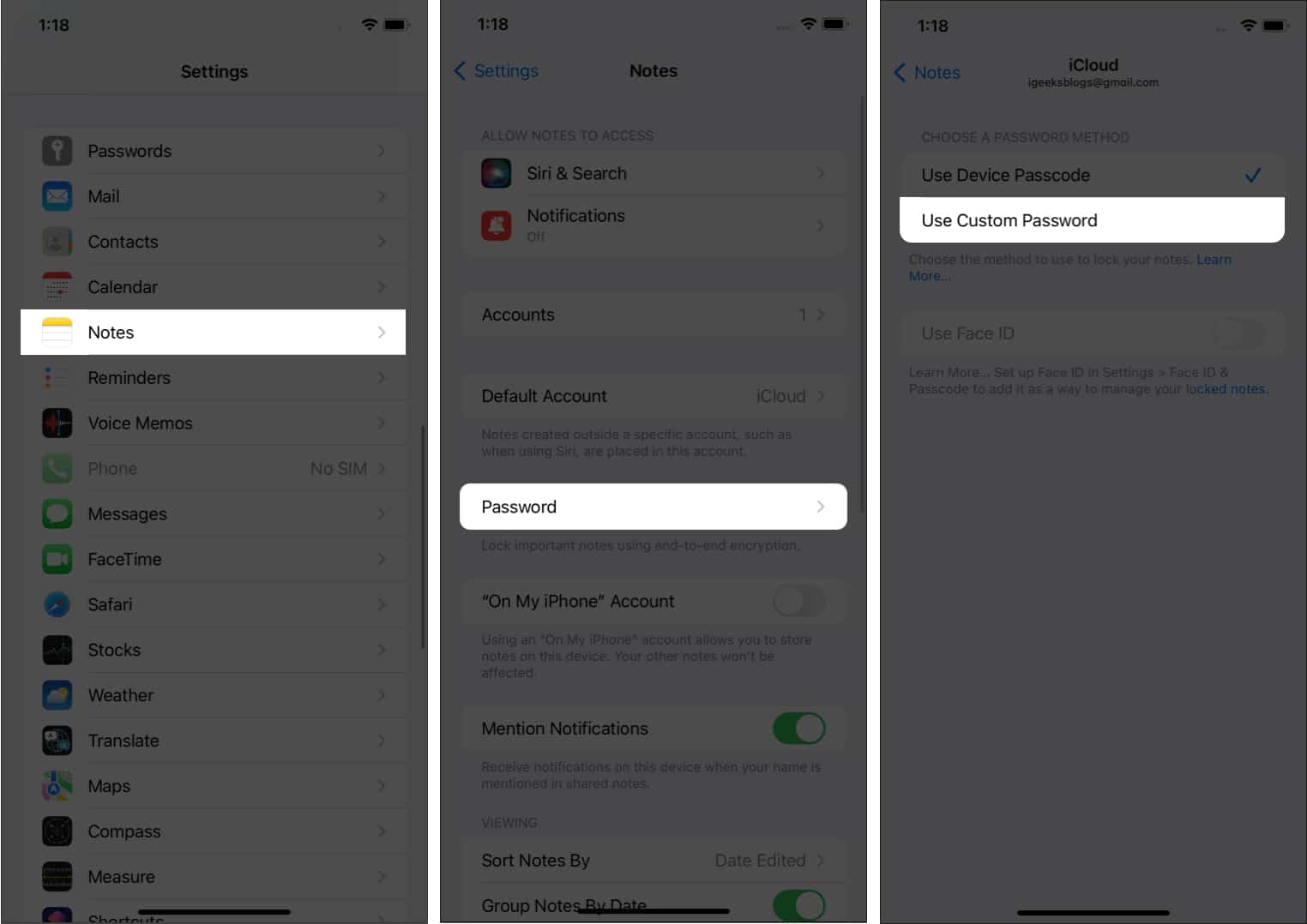 Tap Use Custom Password to lock Notes in settings on iPhone