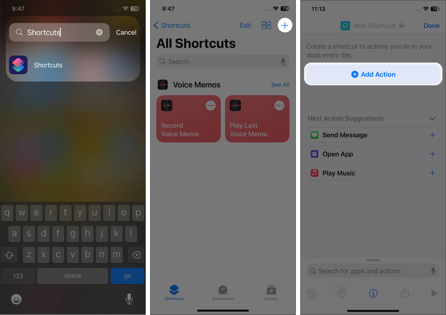 Tap on Add Action in Shortcuts