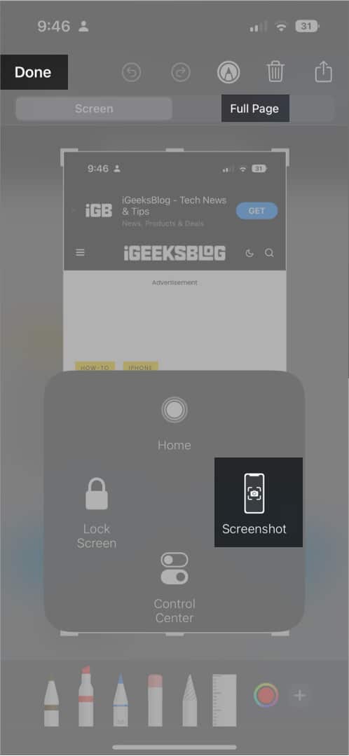 Use Assistive Touch to take scrolling screenshot on iPhone