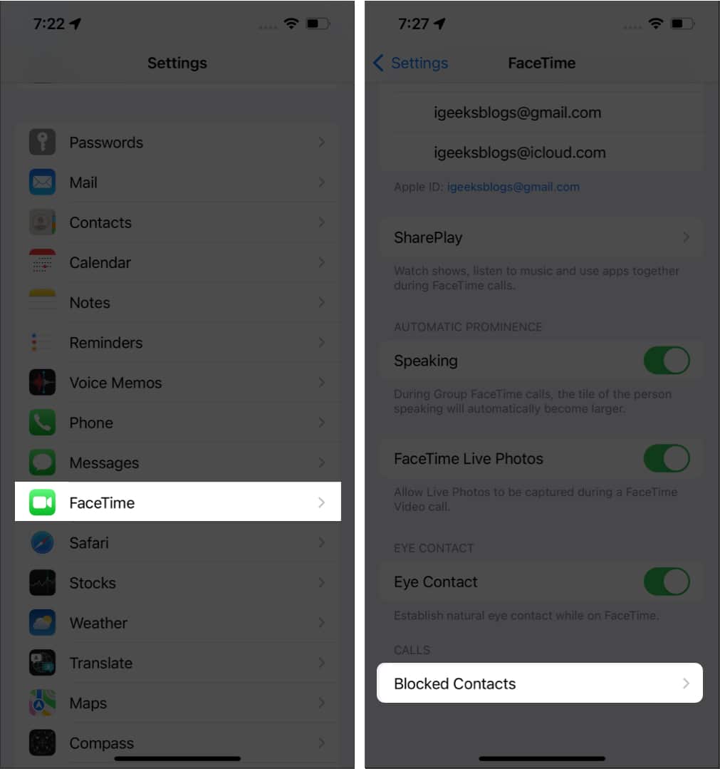 view blocked contacts on FaceTime on iPhone