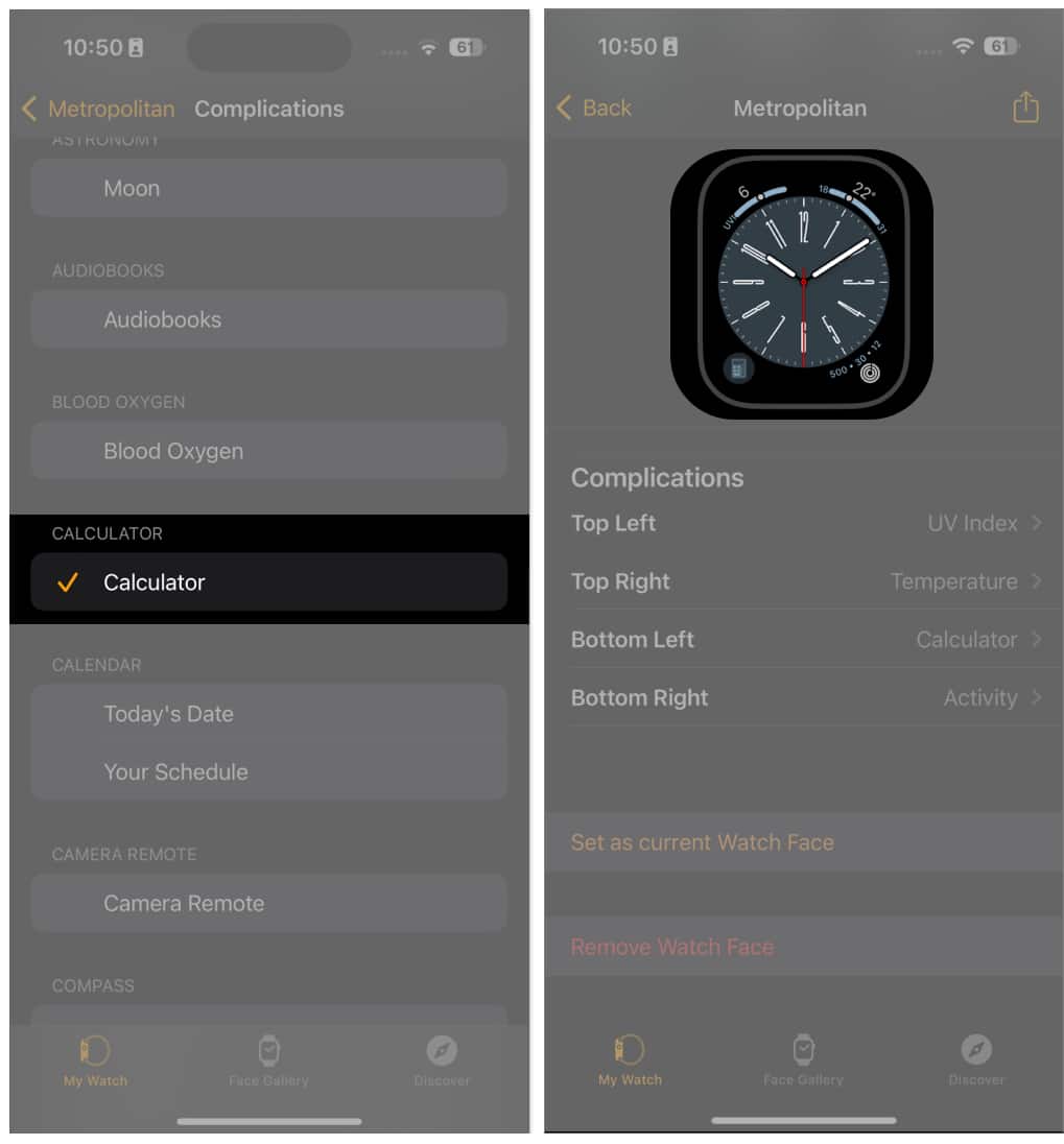 Tambahkan apl Kalkulator pada muka Apple Watch daripada iPhone