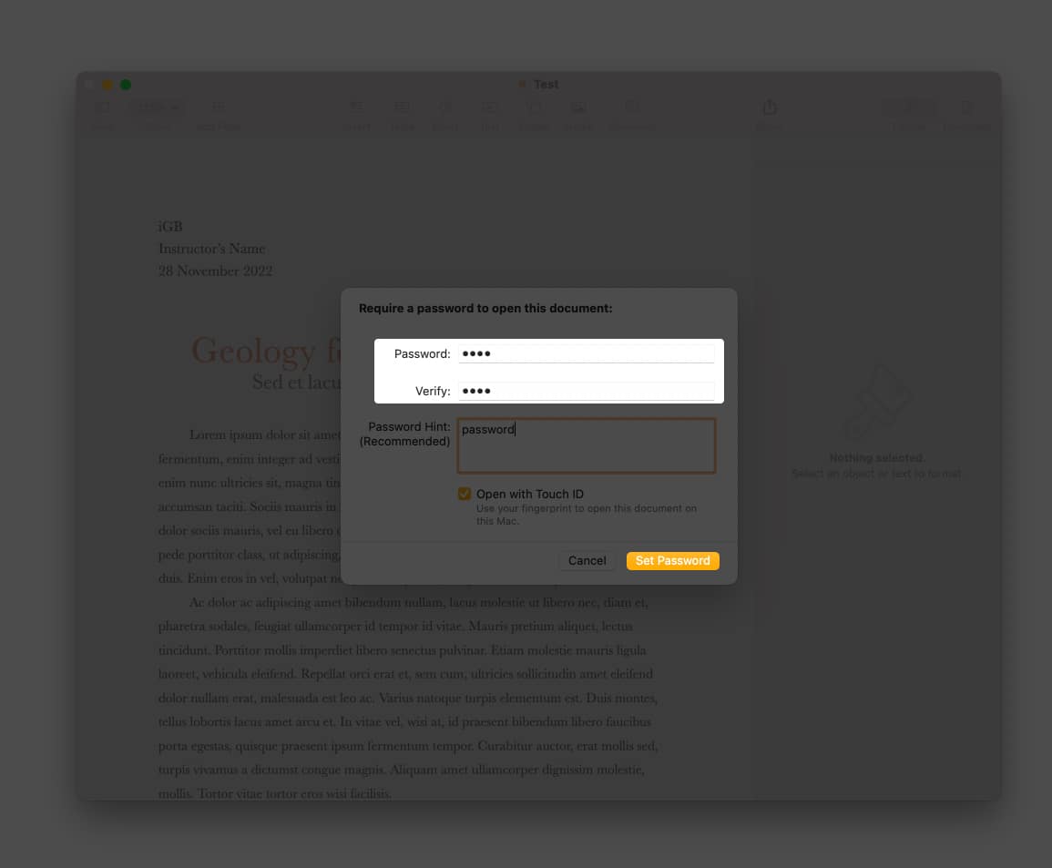 Add password to a Pages document on Mac 