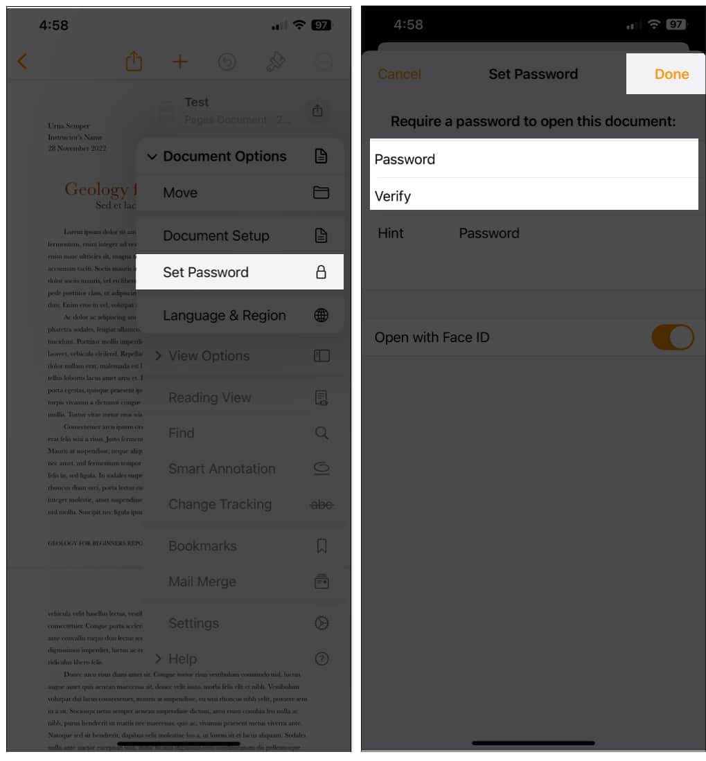 Add password to a Pages document on iPhone