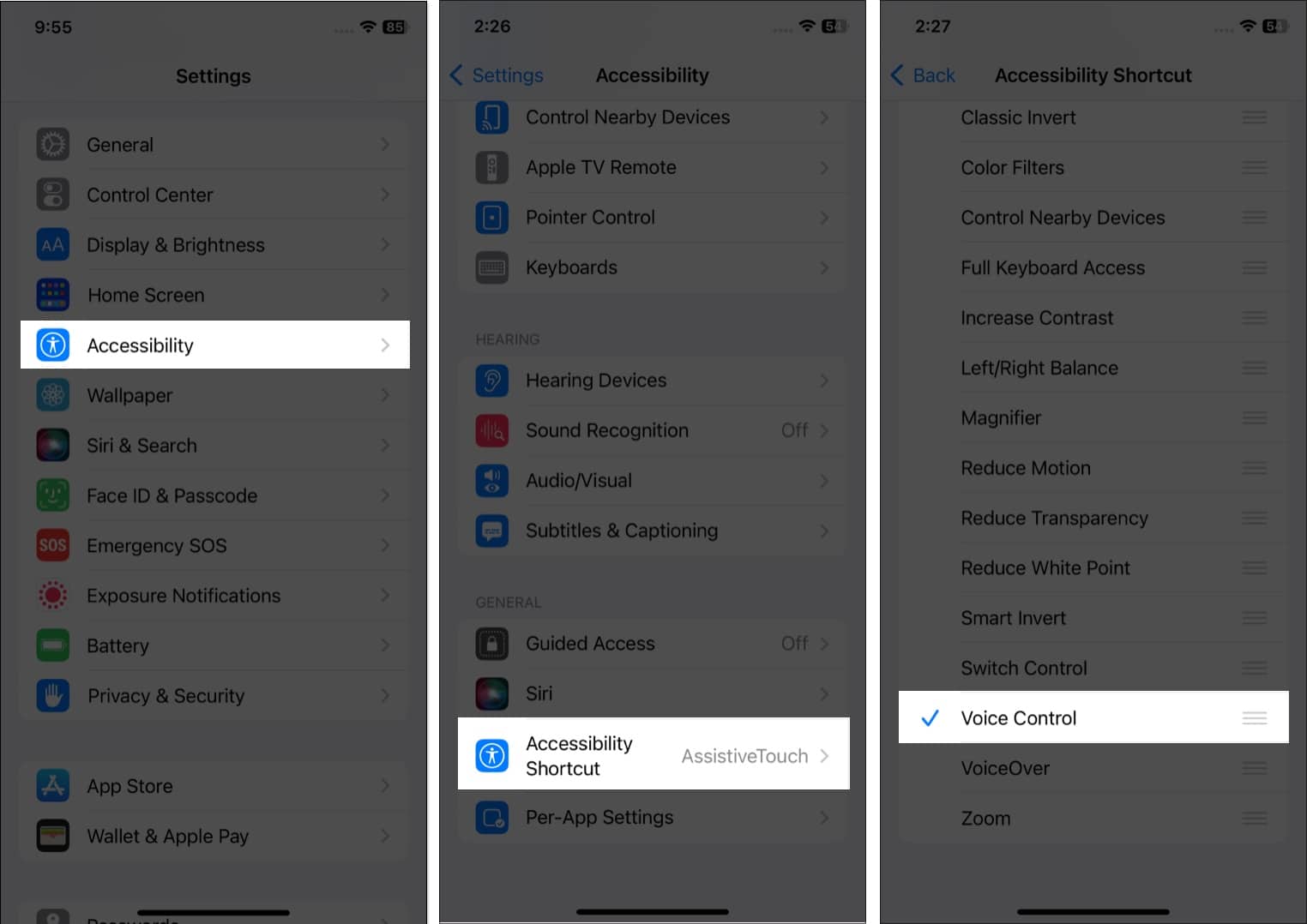 Adding Voice Control to the accessibility shortcuts on iPhone