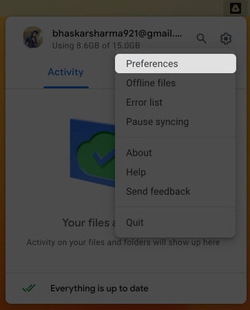 Válassza a Beállítások lehetőséget a Google Drive-ban Mac rendszeren