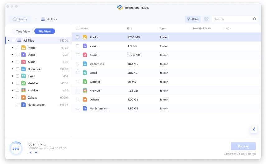 Choose individual file types and get preview data in 4DDiG