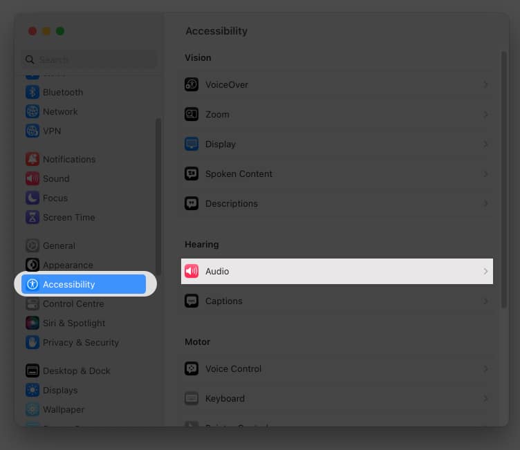 Cliquez sur Accessibilité et audio sur Mac