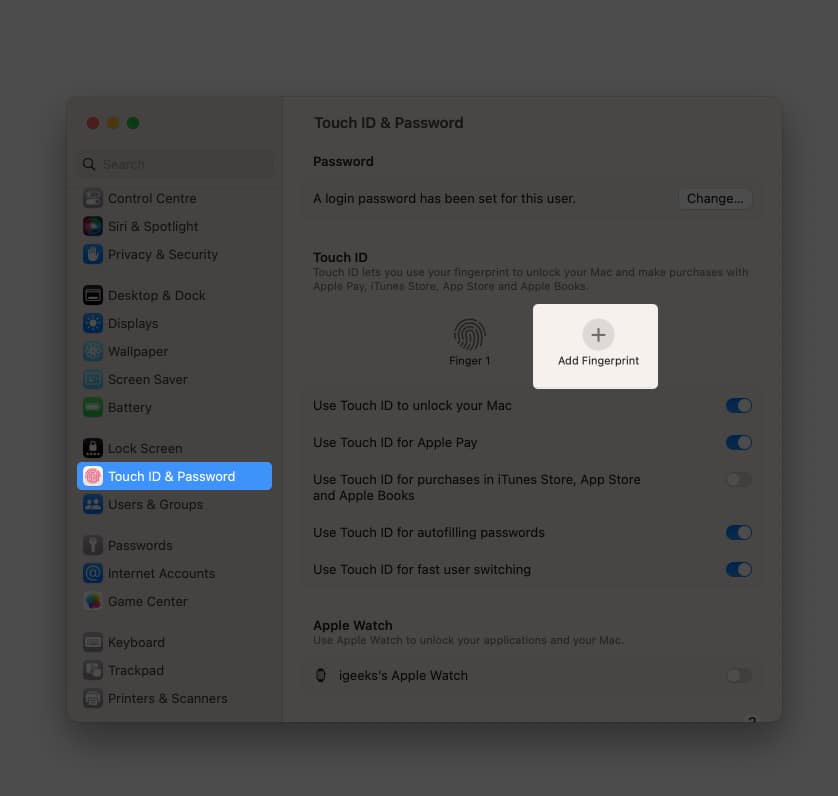 Mac rendszeren kattintson az Ujjlenyomat hozzáadása lehetőségre