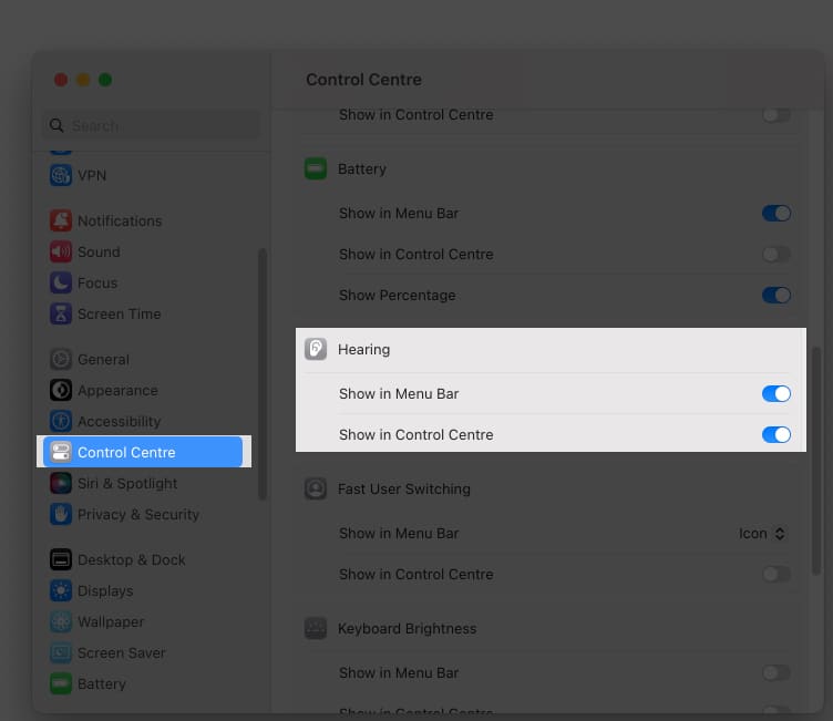 Cliquez sur Centre de contrôle et activez Afficher la barre de menus sur Mac