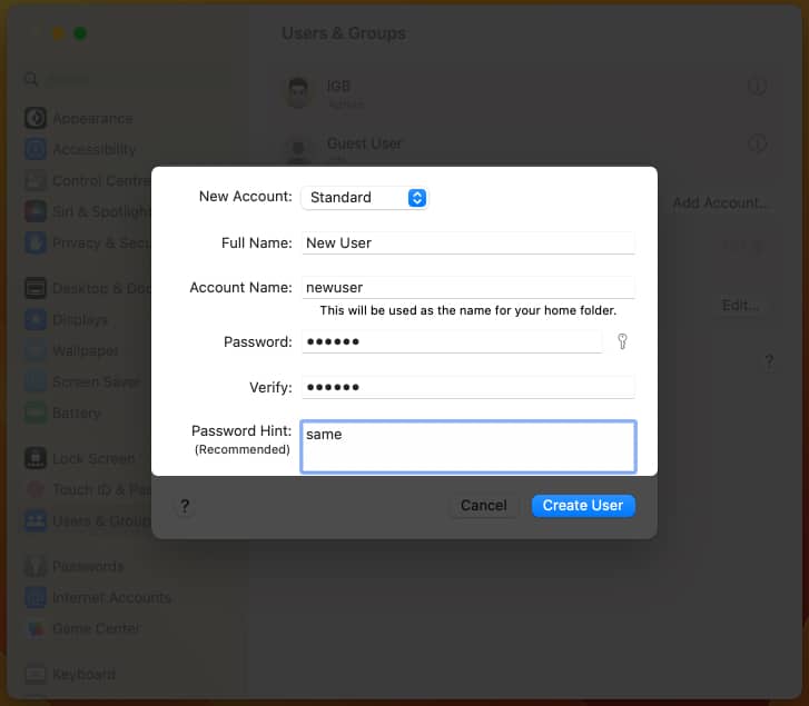 Create a user on macOS Ventura