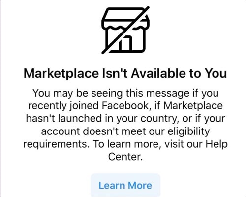 Facebook Marketplace tidak berfungsi