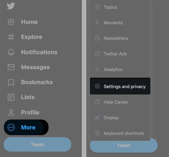 Go to Settings and privacy in Twitter through Web browser