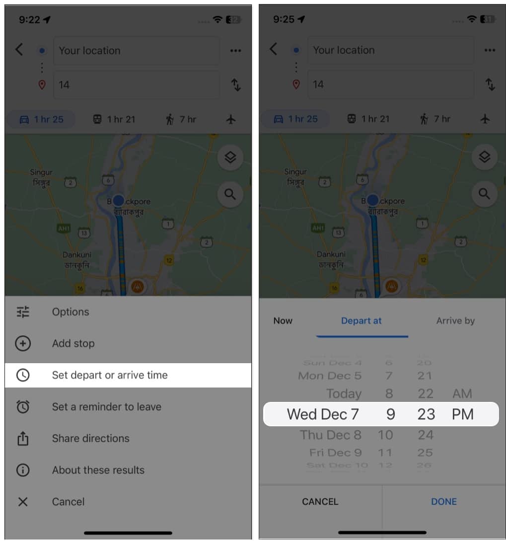 How to set arrival and departure times on Google Maps