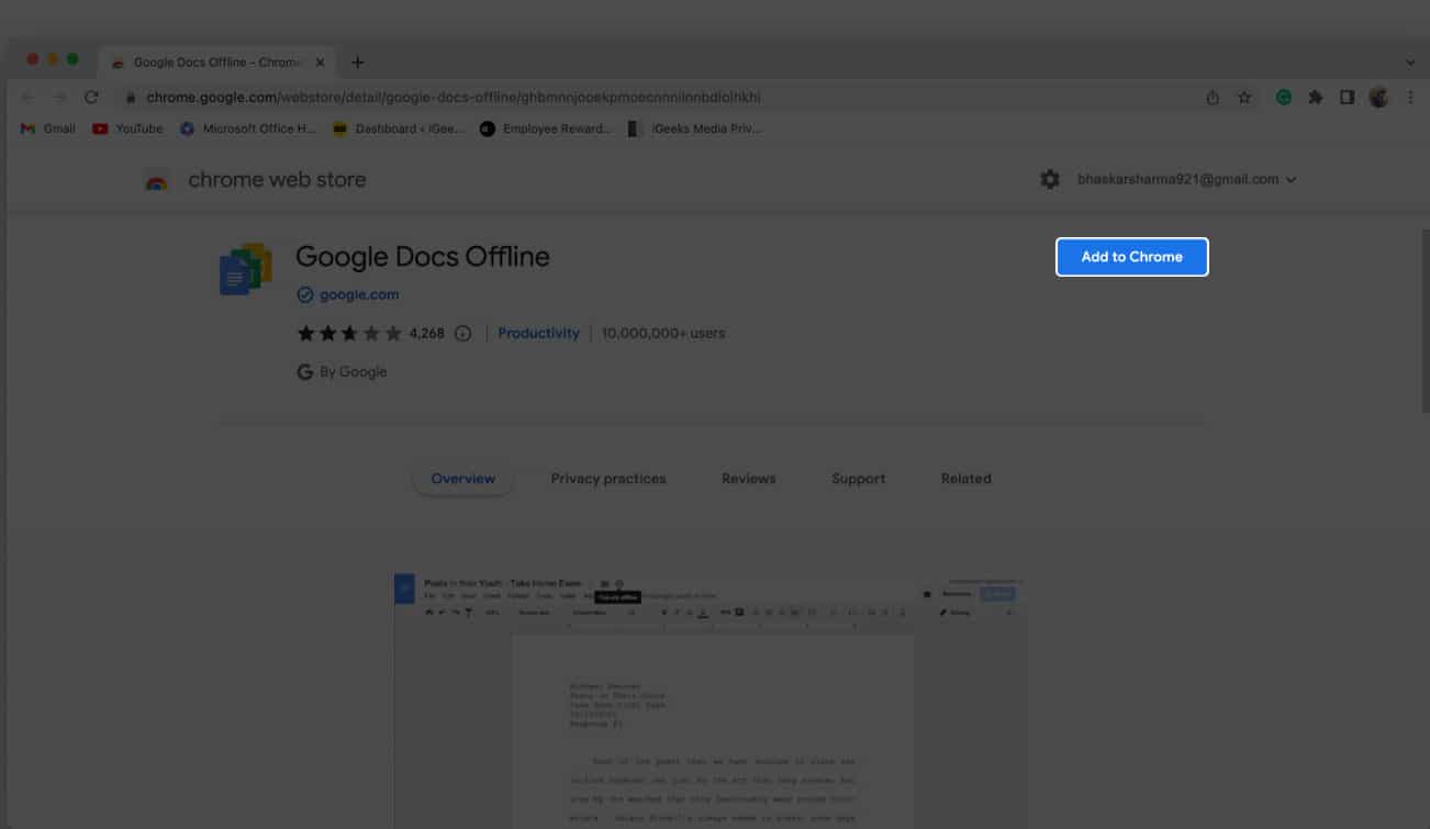 Install Google Docs Offline by clicking Add to Chrome