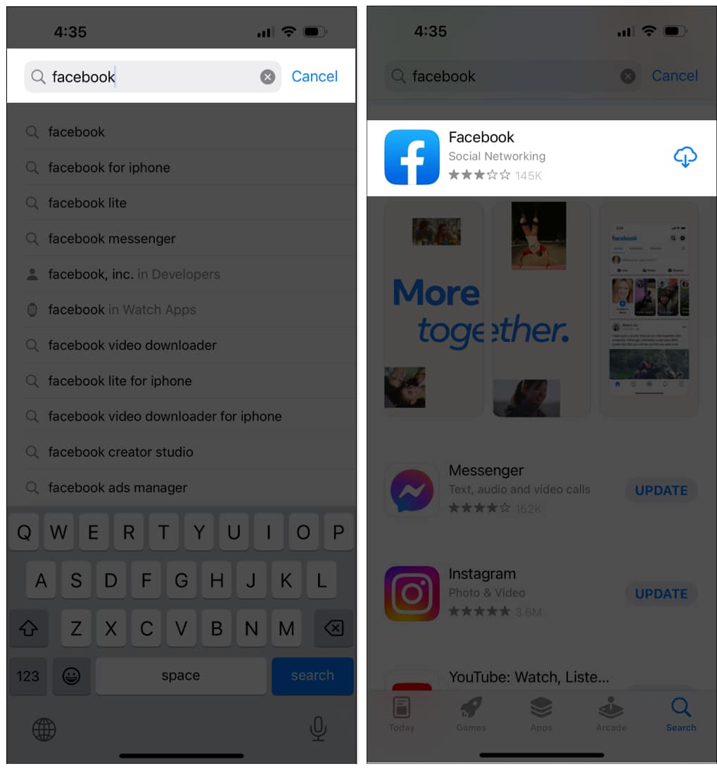 Reinstall Facebook app on iPhone