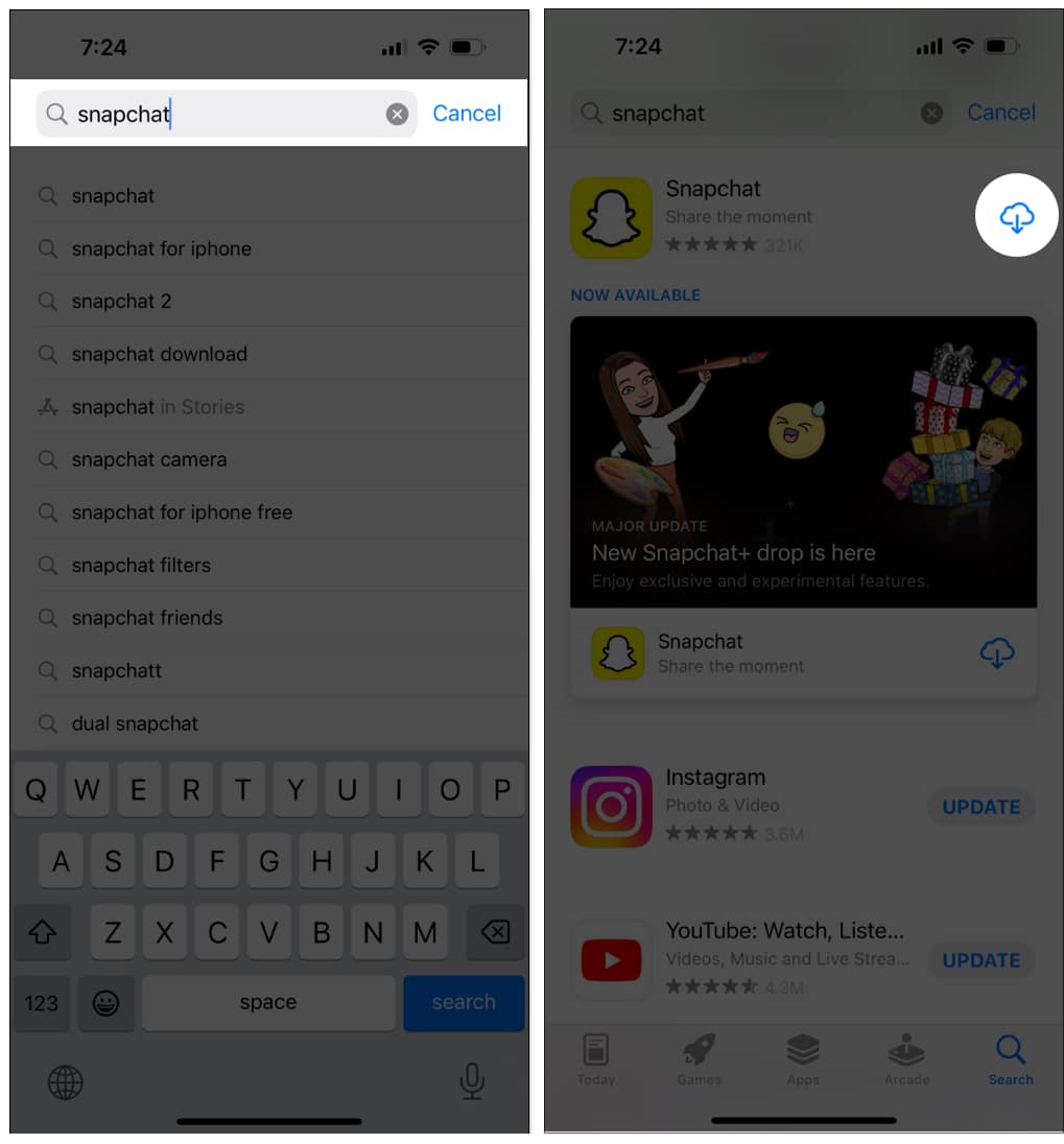 Reinstall Snapchat app on iPhone