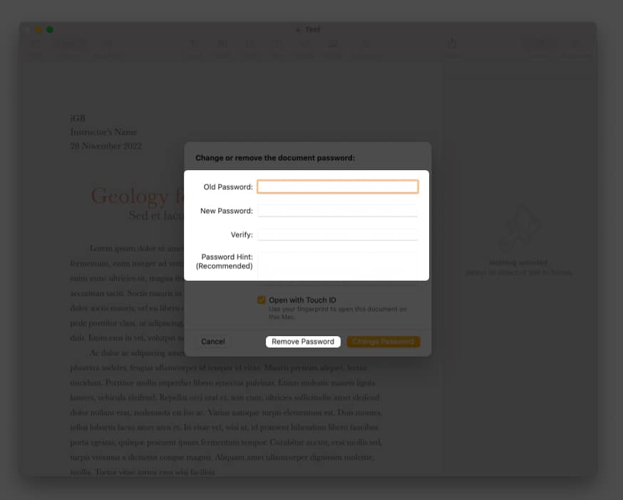 Remove a password from Pages document on Mac 
