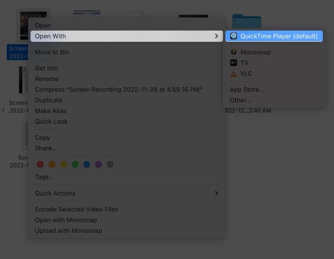 Klik kanan dan pilih Buka dengan untuk membuka fail fail dalam QuickTime Player pada Mac