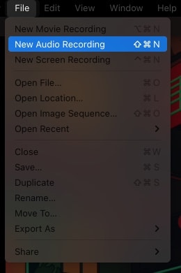 Válassza az Új hangfelvétel lehetőséget a Fájlban Mac rendszeren