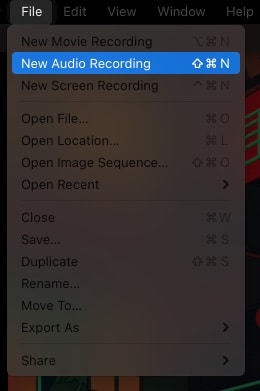 Vyberte Nový zvukový záznam v Souboru na Macu
