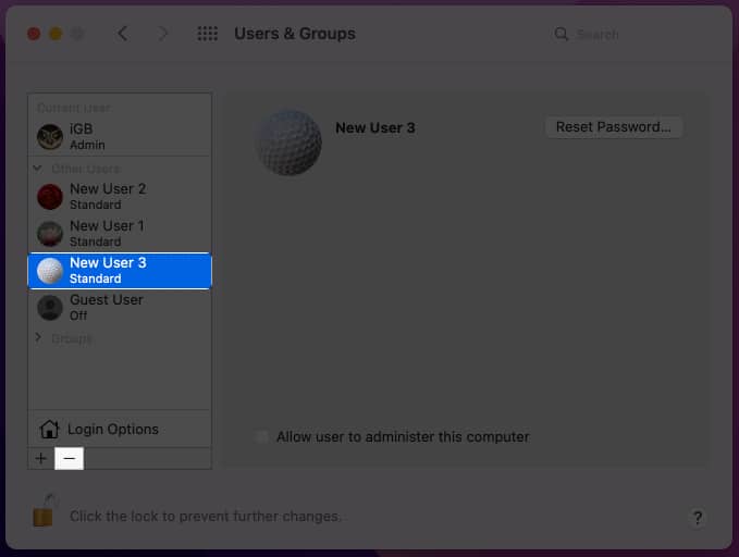 Select a user from the Other Users section on Mac