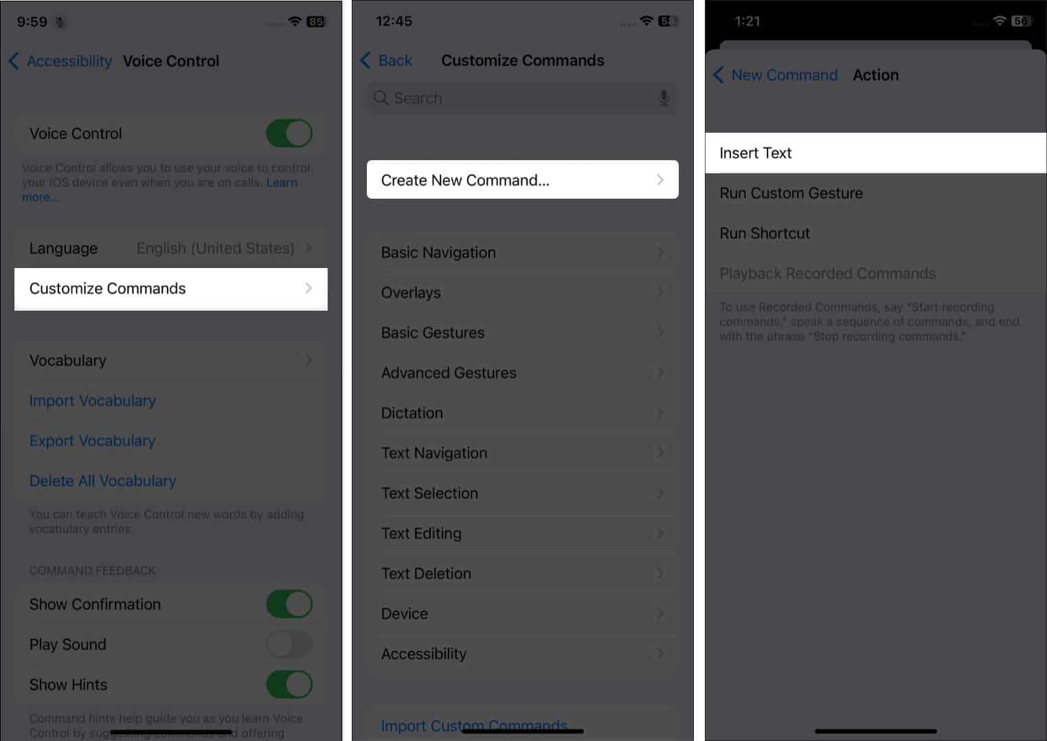 Select the action you want to perform to customize Voice Control commands