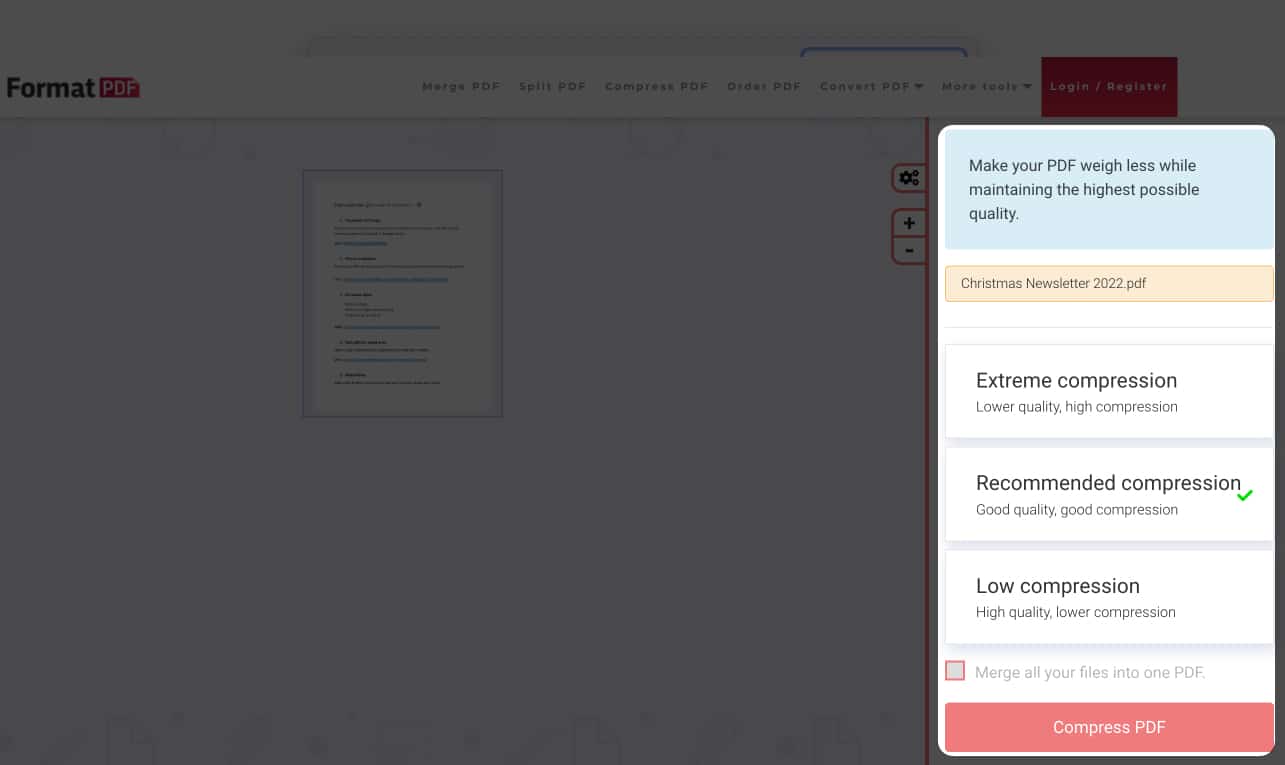 Select the compression type you want and click compress PDF on Mac