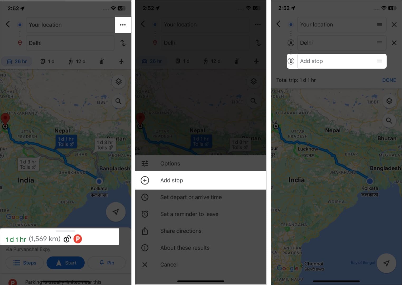 Steps to add multiple stops to your itenary on Google Maps