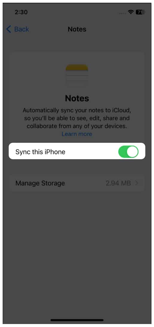 Sync notes to iCloud on iPhone